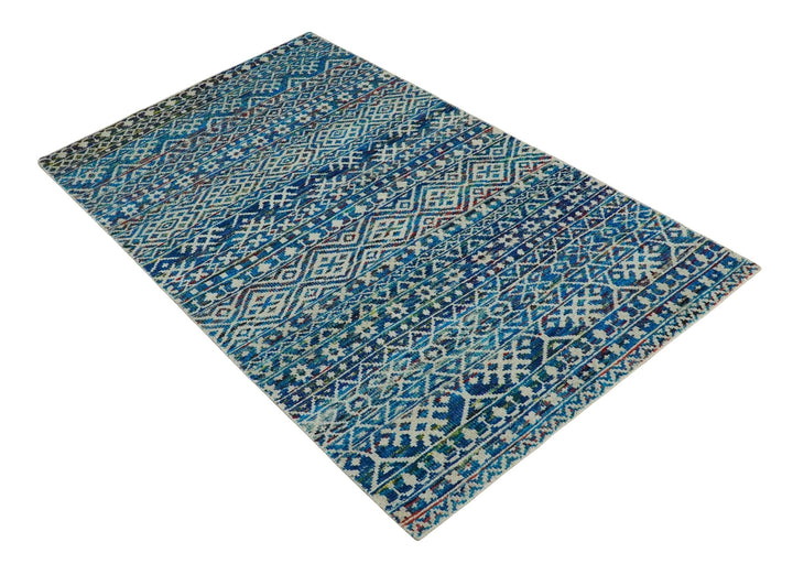 5x8 Hand Knotted Blue and Ivory Modern Contemporary Southwestern Tribal Trellis Recycled Silk Area Rug | OP80 - The Rug Decor