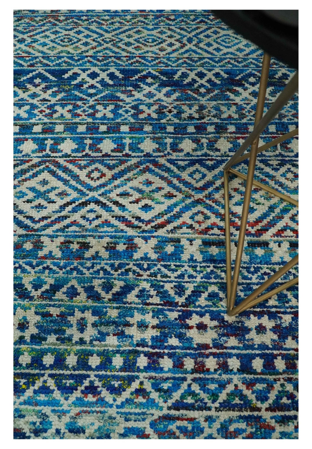 5x8 Hand Knotted Blue and Ivory Modern Contemporary Southwestern Tribal Trellis Recycled Silk Area Rug | OP80 - The Rug Decor