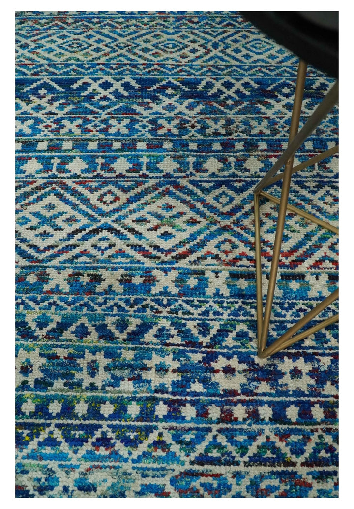 5x8 Hand Knotted Blue and Ivory Modern Contemporary Southwestern Tribal Trellis Recycled Silk Area Rug | OP80 - The Rug Decor