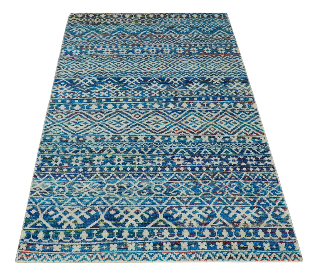 5x8 Hand Knotted Blue and Ivory Modern Contemporary Southwestern Tribal Trellis Recycled Silk Area Rug | OP80 - The Rug Decor