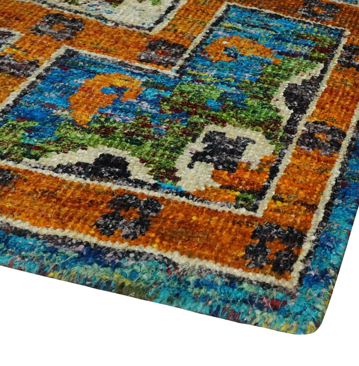 5x8 Hand Knotted Blue, Ivory and Gold Modern Persian made of Recycled Silk Area Rug | OP81 - The Rug Decor