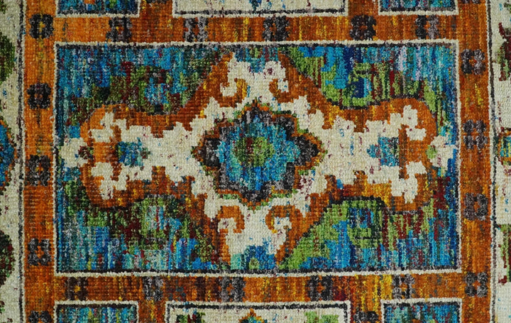 5x8 Hand Knotted Blue, Ivory and Gold Modern Persian made of Recycled Silk Area Rug | OP81 - The Rug Decor