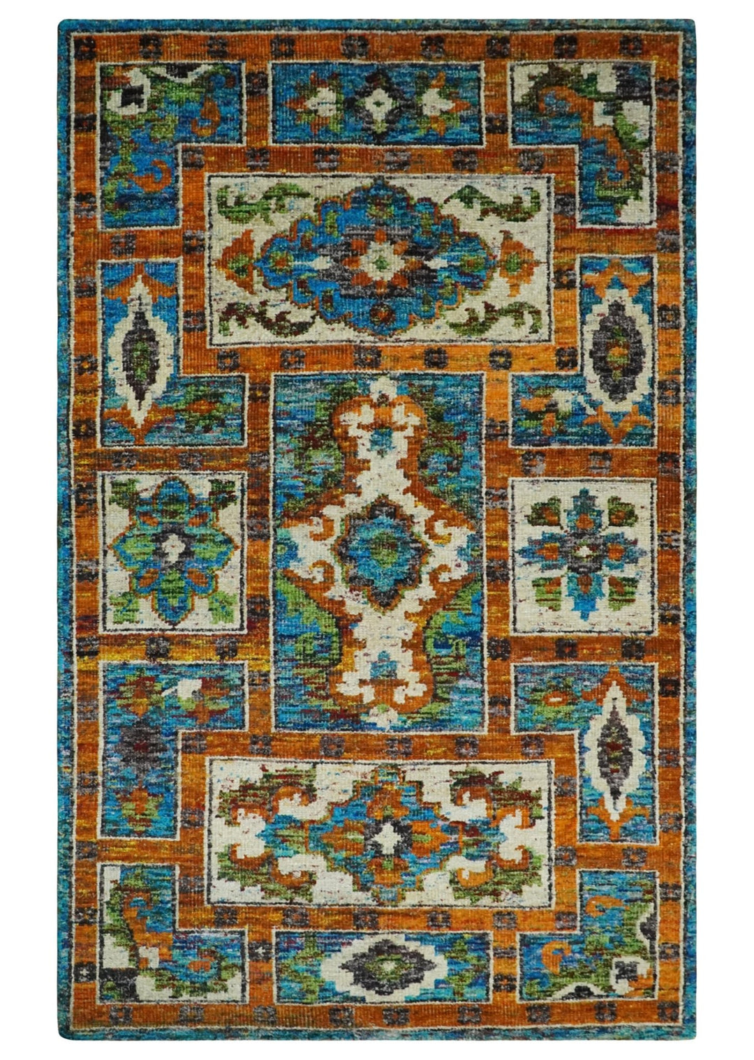5x8 Hand Knotted Blue, Ivory and Gold Modern Persian made of Recycled Silk Area Rug | OP81 - The Rug Decor