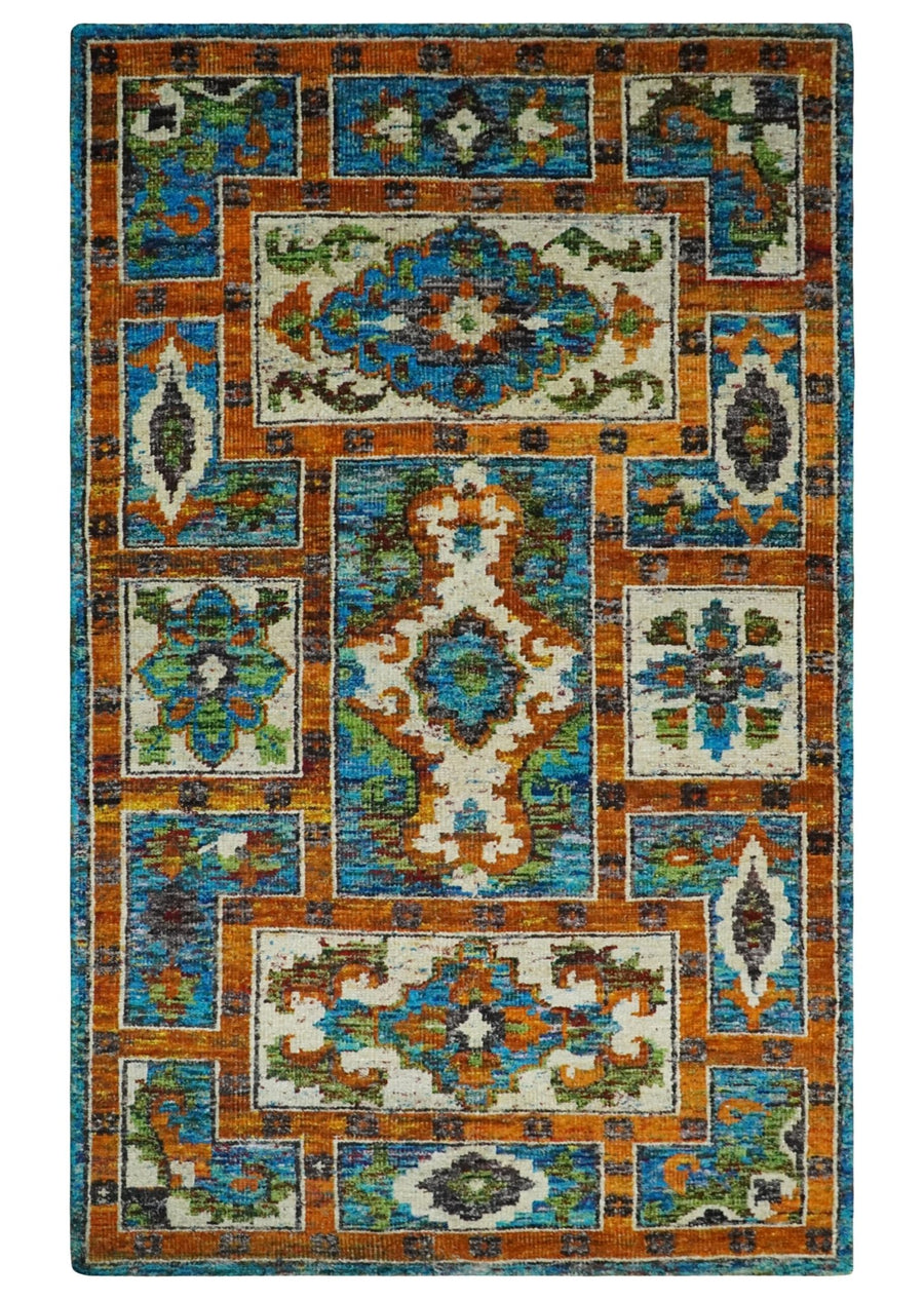 5x8 Hand Knotted Blue, Ivory and Gold Modern Persian made of Recycled Silk Area Rug | OP81 - The Rug Decor