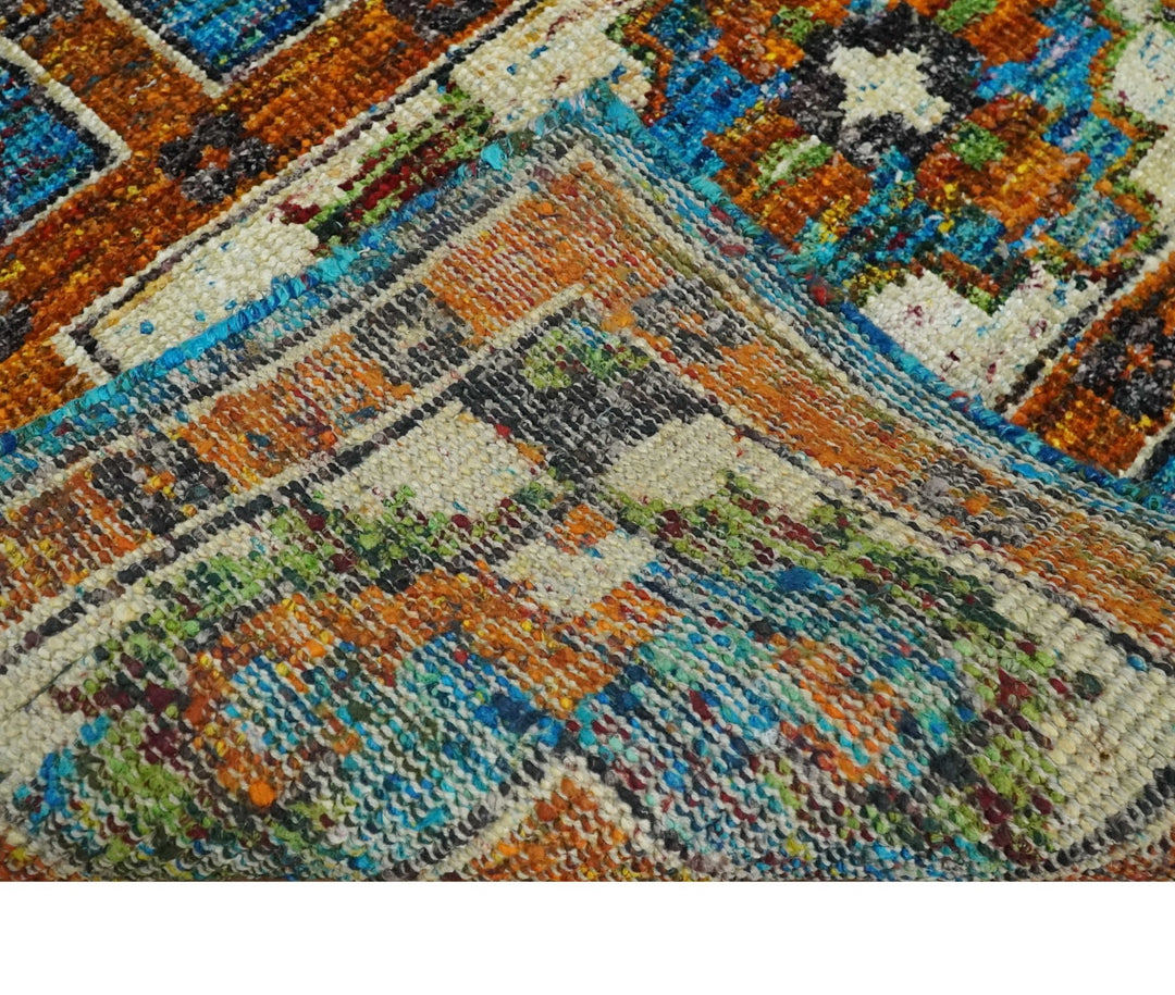 5x8 Hand Knotted Blue, Ivory and Gold Modern Persian made of Recycled Silk Area Rug | OP81 - The Rug Decor