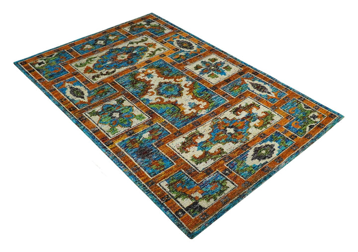 5x8 Hand Knotted Blue, Ivory and Gold Modern Persian made of Recycled Silk Area Rug | OP81 - The Rug Decor