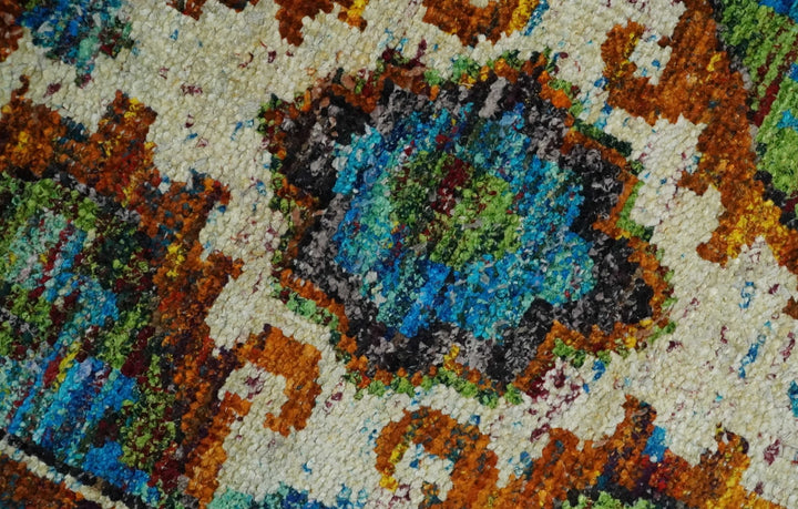 5x8 Hand Knotted Blue, Ivory and Gold Modern Persian made of Recycled Silk Area Rug | OP81 - The Rug Decor