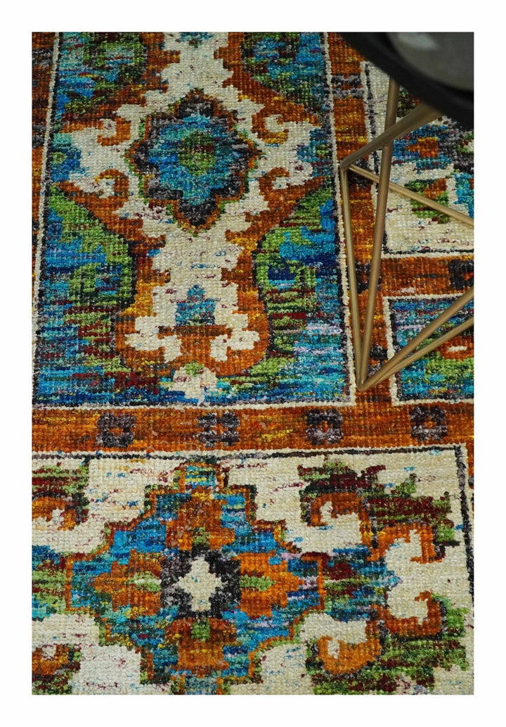 5x8 Hand Knotted Blue, Ivory and Gold Modern Persian made of Recycled Silk Area Rug | OP81 - The Rug Decor