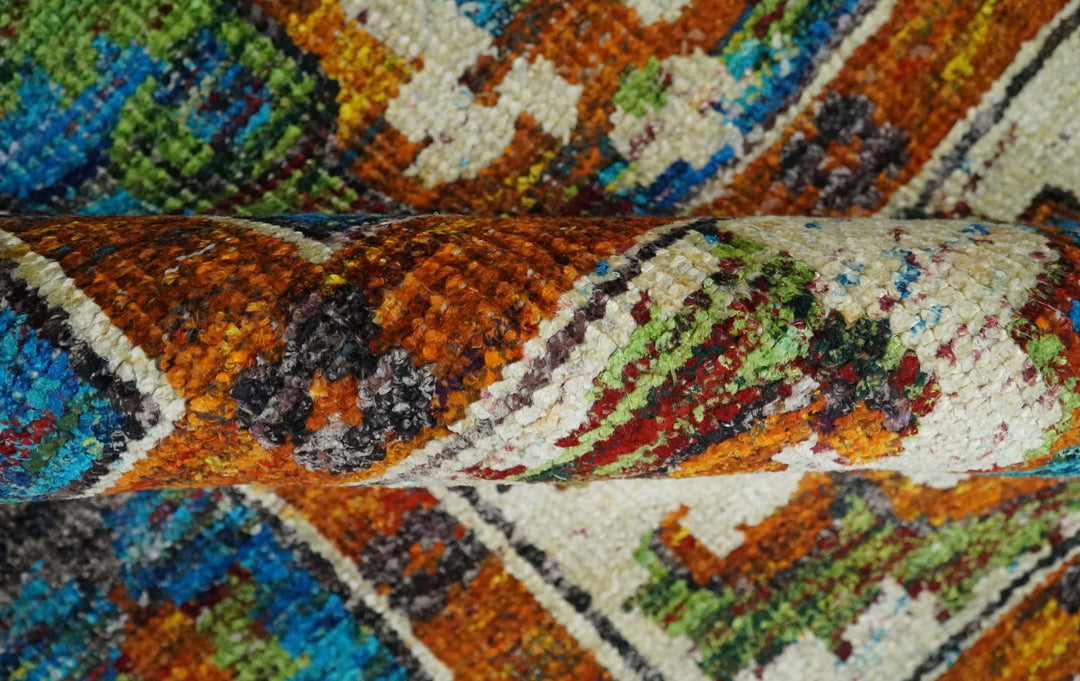 5x8 Hand Knotted Blue, Ivory and Gold Modern Persian made of Recycled Silk Area Rug | OP81 - The Rug Decor