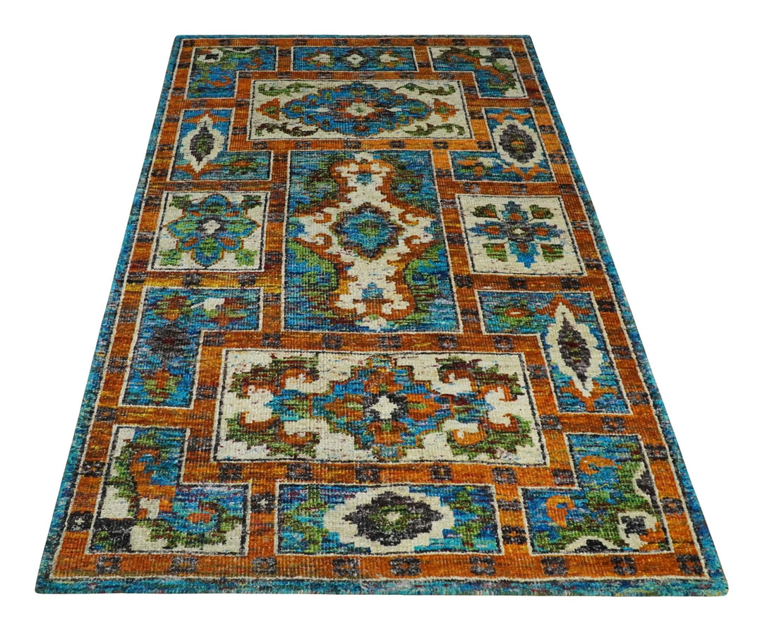 5x8 Hand Knotted Blue, Ivory and Gold Modern Persian made of Recycled Silk Area Rug | OP81 - The Rug Decor