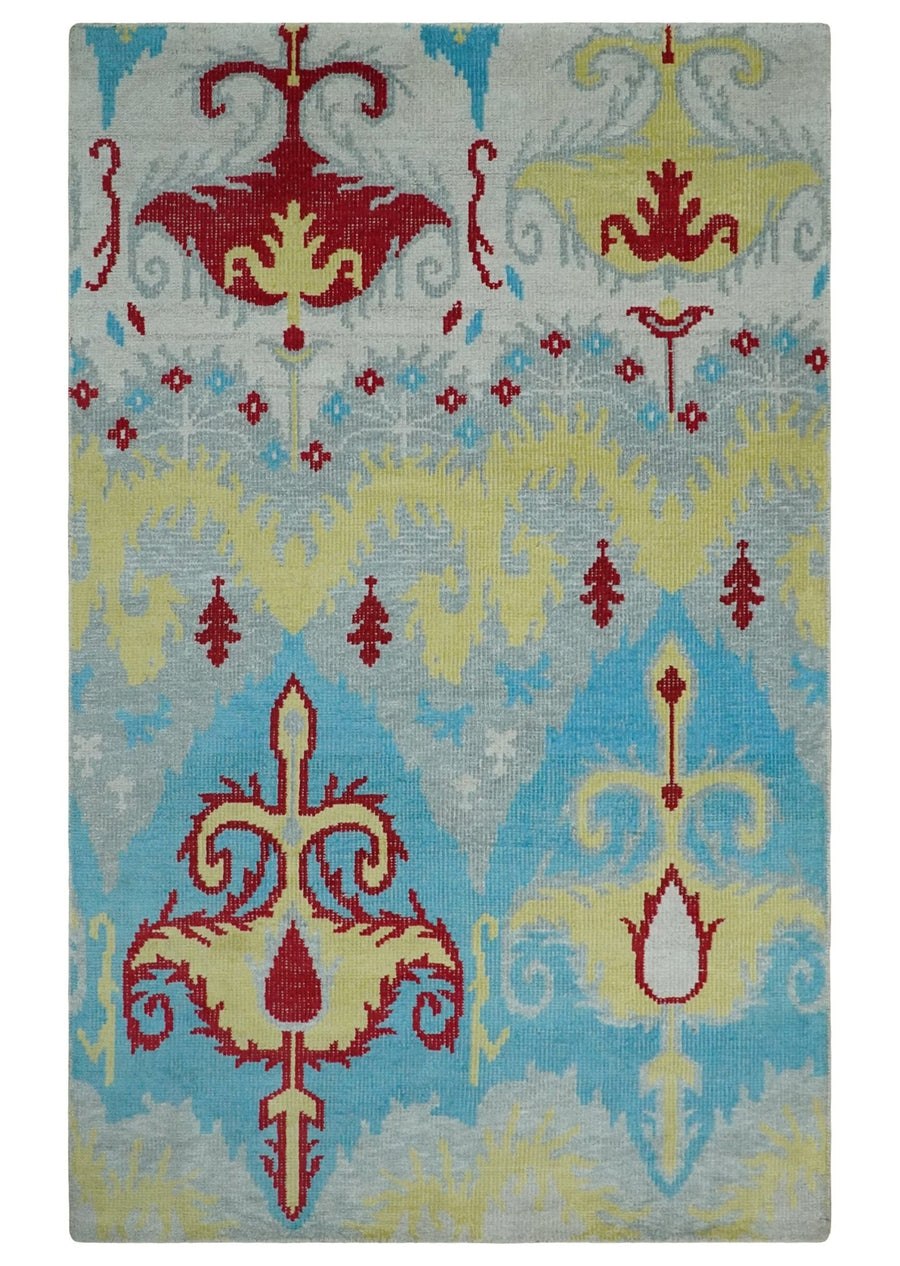 5x8 Hand Knotted Blue, Silver and Red Antique Persian Style Contemporary Recycled Silk Area Rug | OP86 - The Rug Decor