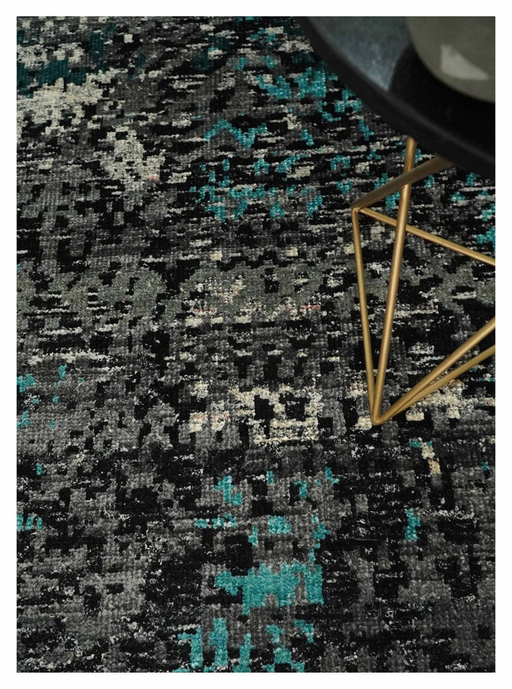 5x8 Hand Knotted Charcoal, Ivory and Blue Modern Abstract Contemporary Recycled Silk Area Rug | OP68 - The Rug Decor