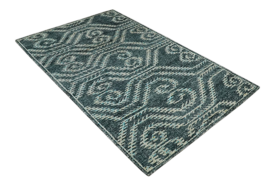 5x8 Hand Knotted Dark Teal and Ivory Modern Contemporary Southwestern Tribal Trellis Recycled Silk Area Rug | OP115 - The Rug Decor
