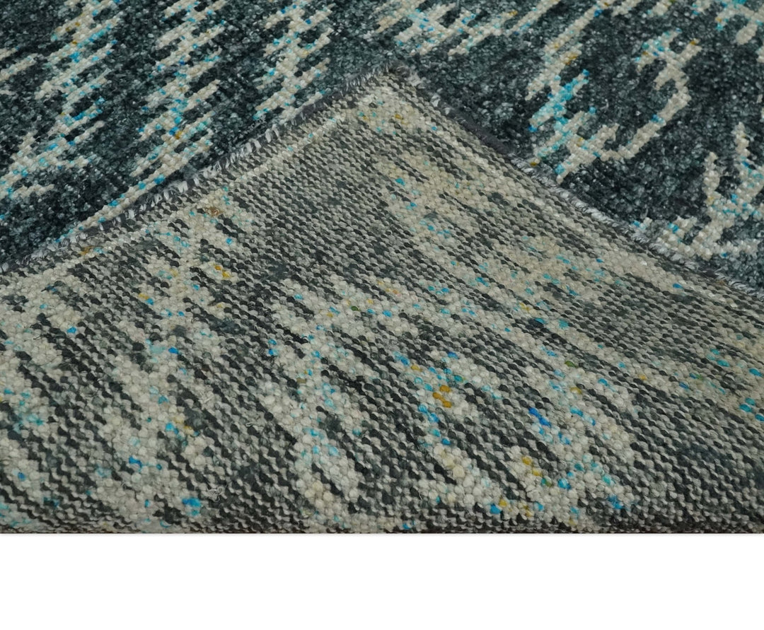 5x8 Hand Knotted Dark Teal and Ivory Modern Contemporary Southwestern Tribal Trellis Recycled Silk Area Rug | OP115 - The Rug Decor