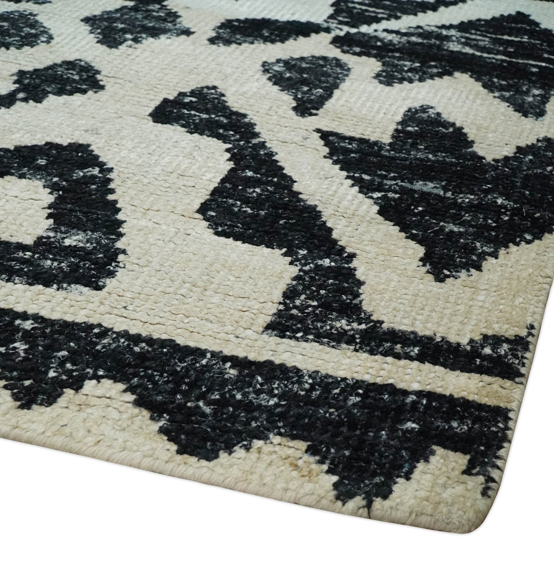 5x8 Hand Knotted Ivory and Black Antique Persian Style Contemporary Recycled Silk Area Rug | OP117 - The Rug Decor