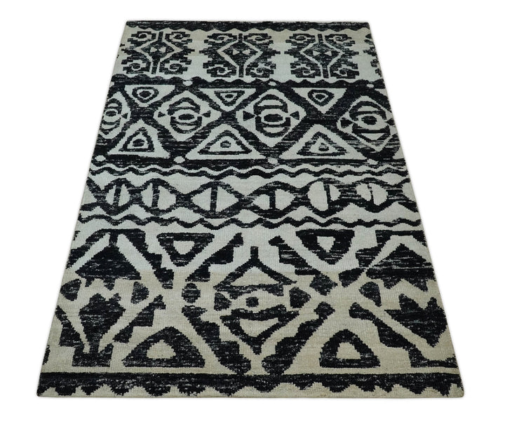 5x8 Hand Knotted Ivory and Black Antique Persian Style Contemporary Recycled Silk Area Rug | OP117 - The Rug Decor