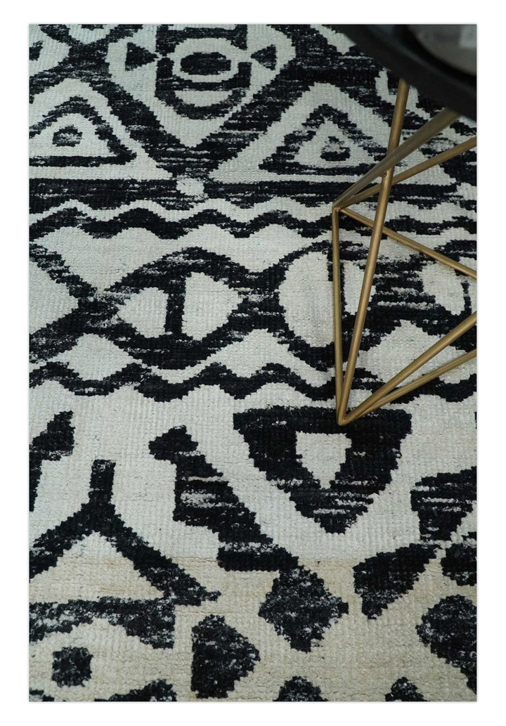 5x8 Hand Knotted Ivory and Black Antique Persian Style Contemporary Recycled Silk Area Rug | OP117 - The Rug Decor