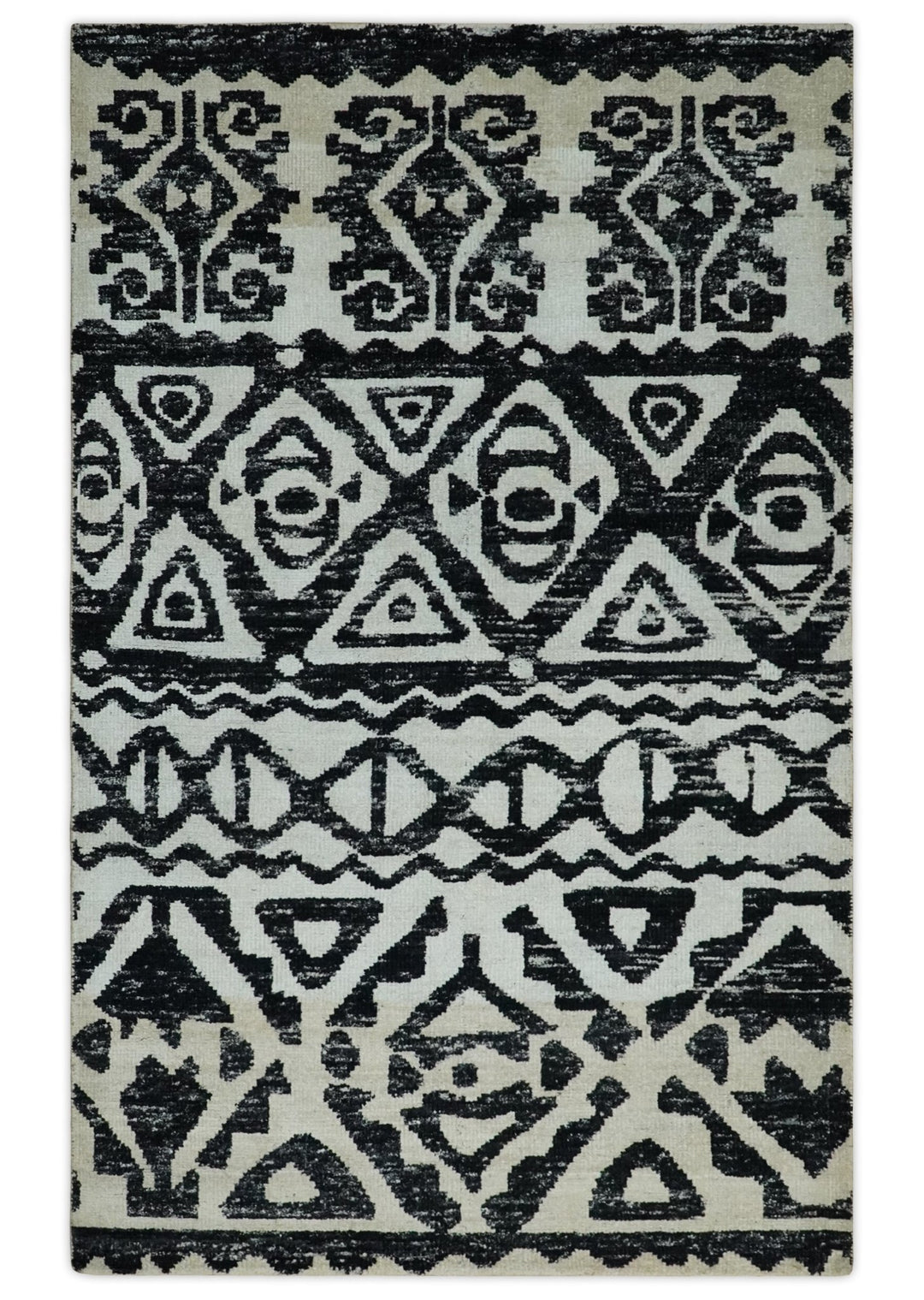5x8 Hand Knotted Ivory and Black Antique Persian Style Contemporary Recycled Silk Area Rug | OP117 - The Rug Decor