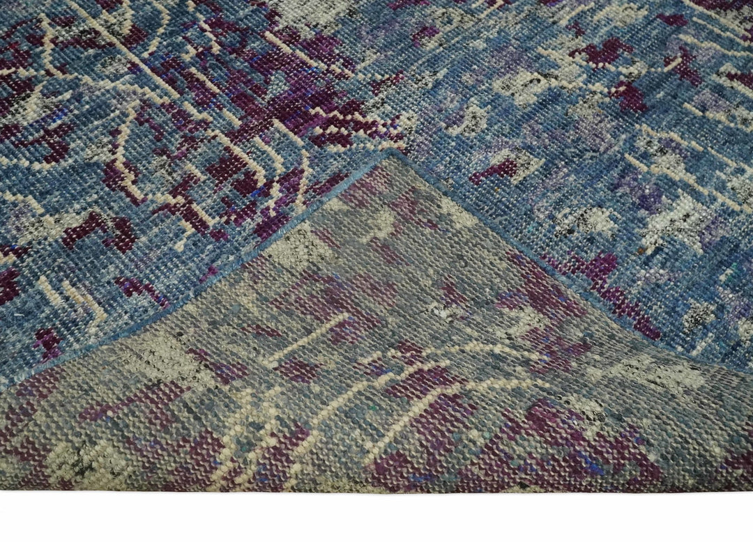 5x8 Hand Knotted Ivory, Blue and Purple Modern Abstract Contemporary Recycled Silk Area Rug | OP72 - The Rug Decor
