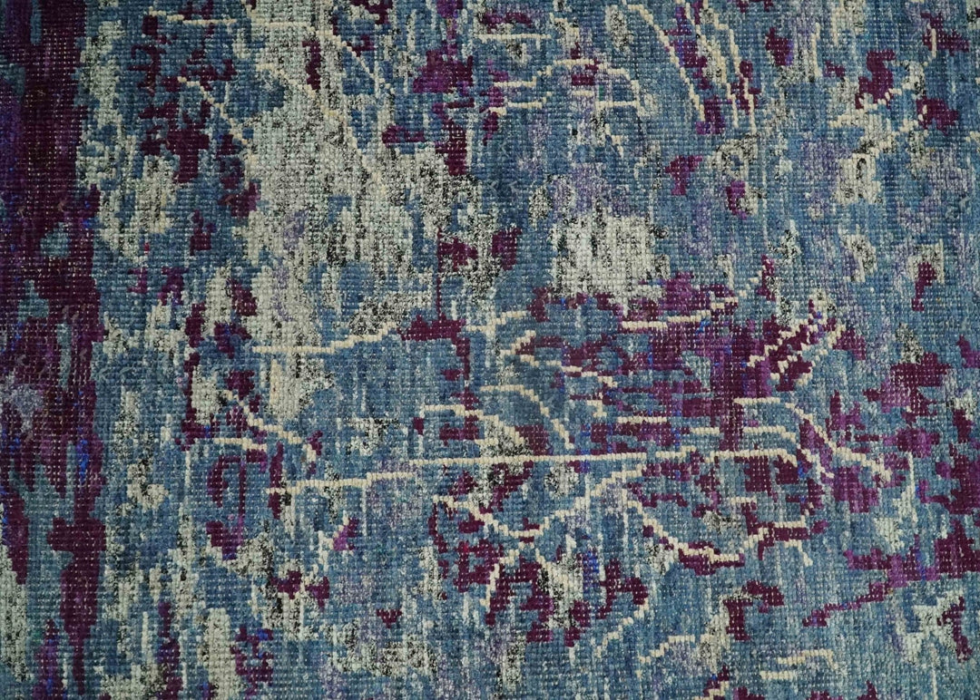 5x8 Hand Knotted Ivory, Blue and Purple Modern Abstract Contemporary Recycled Silk Area Rug | OP72 - The Rug Decor