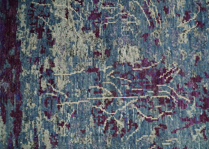 5x8 Hand Knotted Ivory, Blue and Purple Modern Abstract Contemporary Recycled Silk Area Rug | OP72 - The Rug Decor