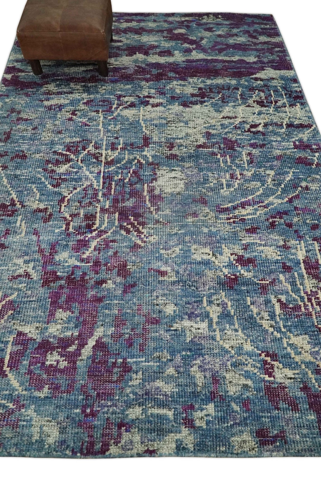 5x8 Hand Knotted Ivory, Blue and Purple Modern Abstract Contemporary Recycled Silk Area Rug | OP72 - The Rug Decor
