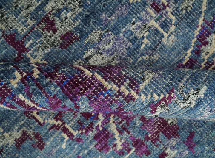 5x8 Hand Knotted Ivory, Blue and Purple Modern Abstract Contemporary Recycled Silk Area Rug | OP72 - The Rug Decor