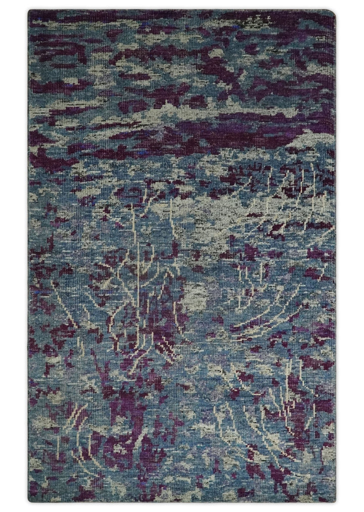 5x8 Hand Knotted Ivory, Blue and Purple Modern Abstract Contemporary Recycled Silk Area Rug | OP72 - The Rug Decor