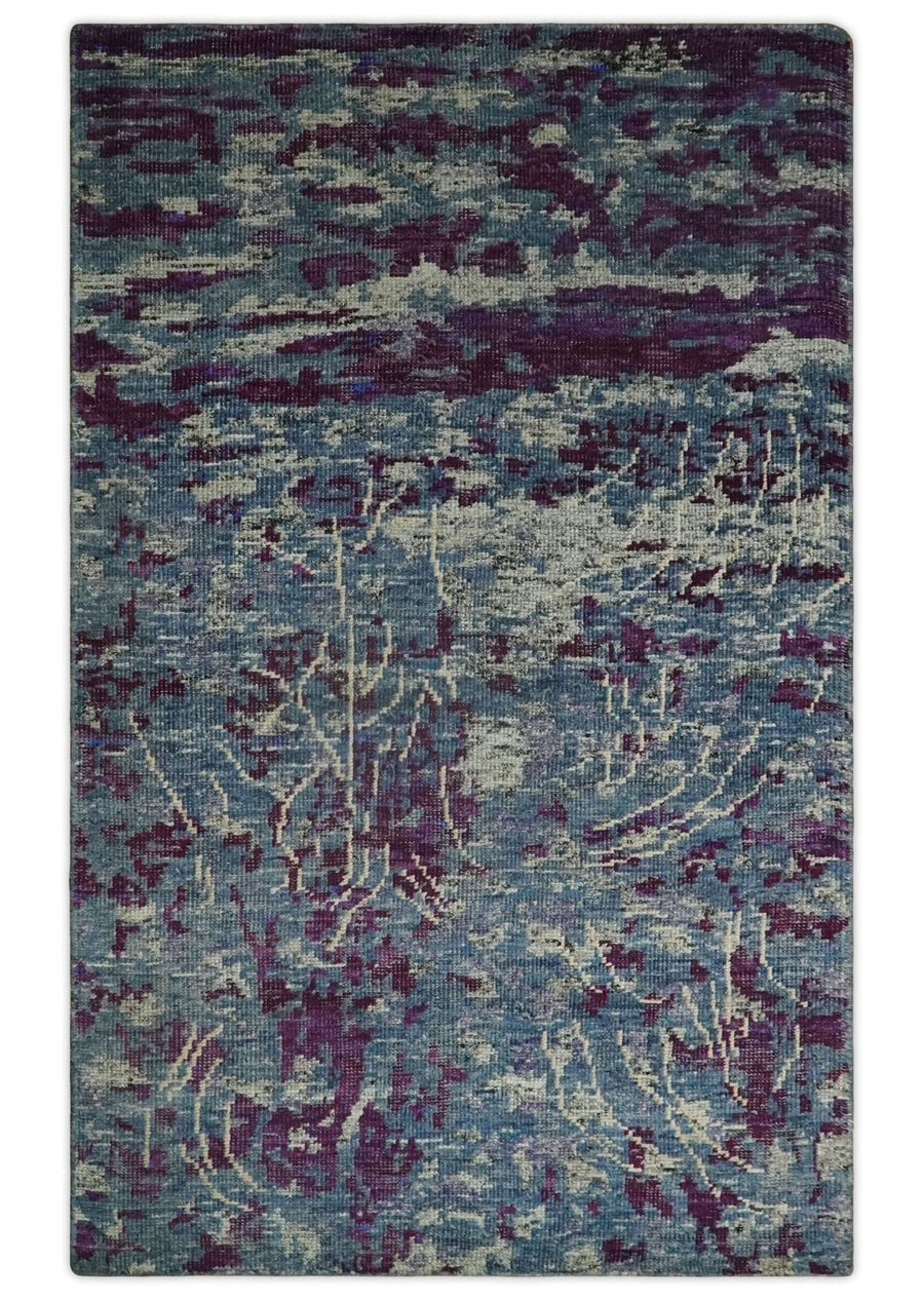 5x8 Hand Knotted Ivory, Blue and Purple Modern Abstract Contemporary Recycled Silk Area Rug | OP72 - The Rug Decor