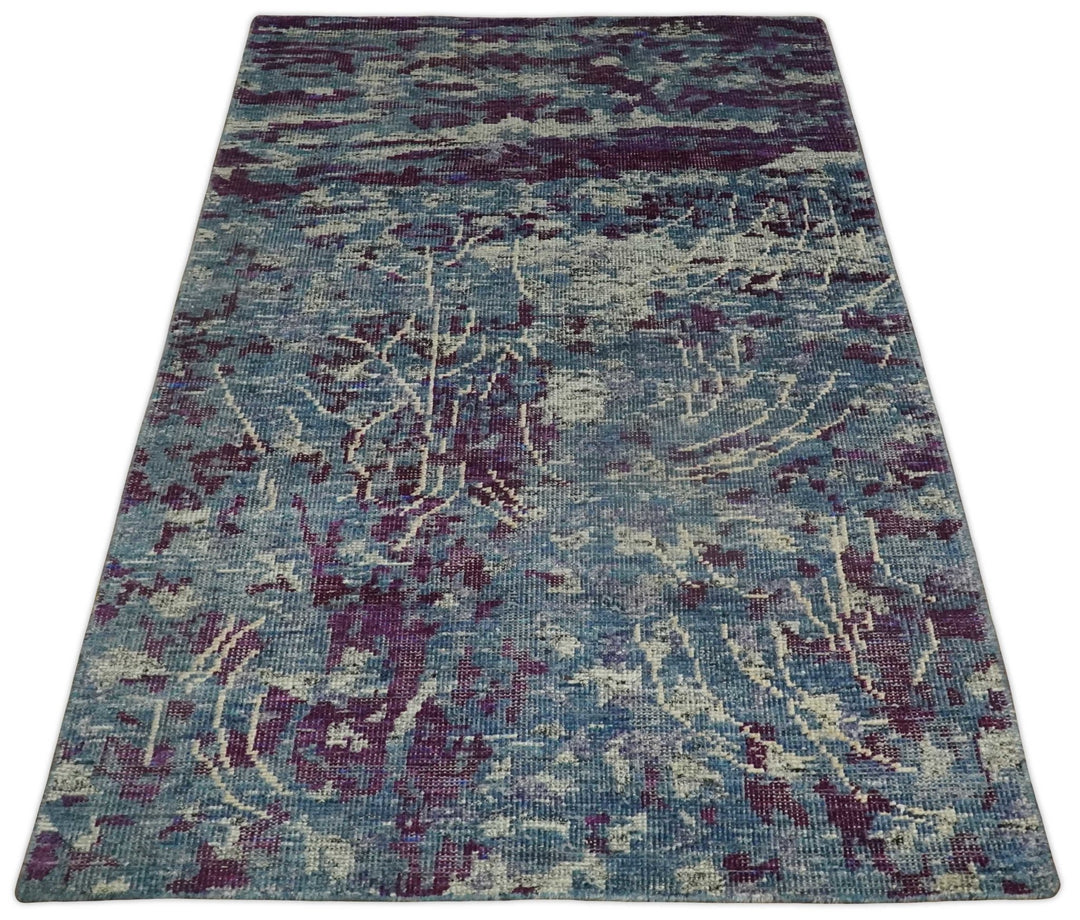 5x8 Hand Knotted Ivory, Blue and Purple Modern Abstract Contemporary Recycled Silk Area Rug | OP72 - The Rug Decor