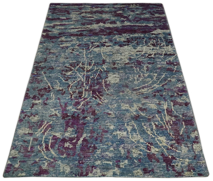 5x8 Hand Knotted Ivory, Blue and Purple Modern Abstract Contemporary Recycled Silk Area Rug | OP72 - The Rug Decor