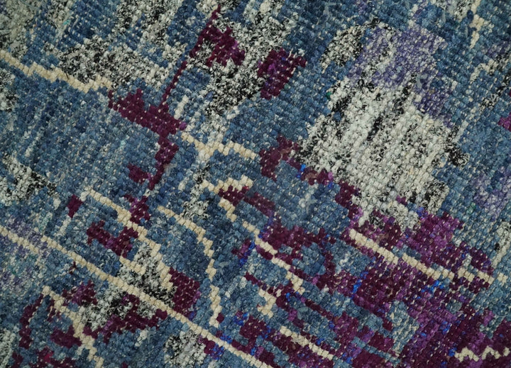 5x8 Hand Knotted Ivory, Blue and Purple Modern Abstract Contemporary Recycled Silk Area Rug | OP72 - The Rug Decor