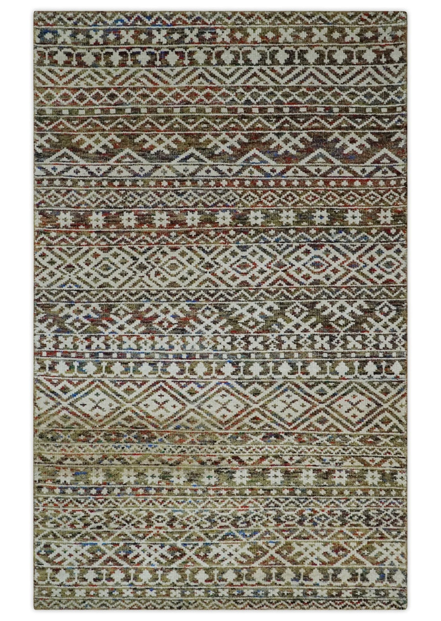 5x8 Hand Knotted Ivory, Olive and Rust Modern Contemporary Southwestern Tribal Trellis Recycled Silk Area Rug | OP121 - The Rug Decor