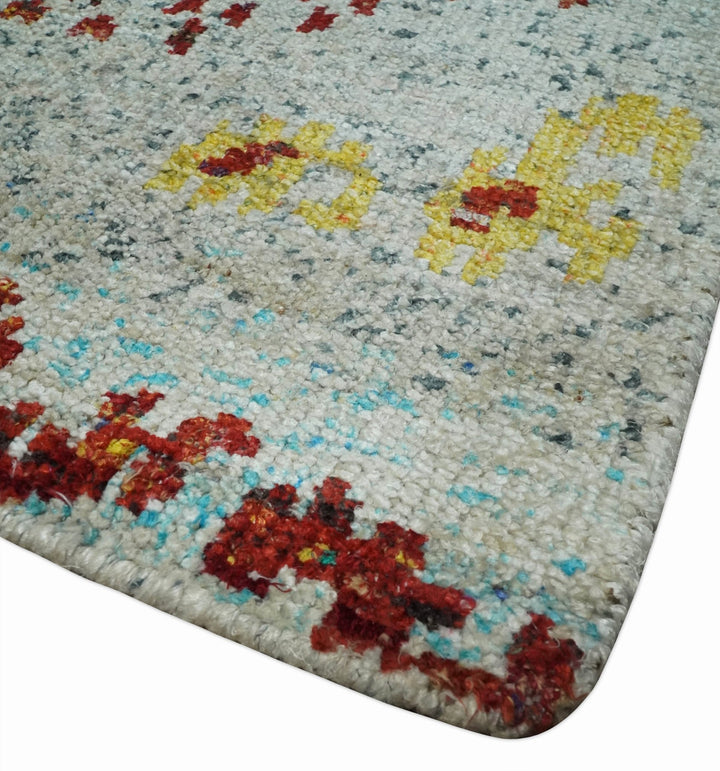5x8 Hand Knotted Ivory, Red and Yellow Persian made of Recycled Silk Area Rug | OP95 - The Rug Decor