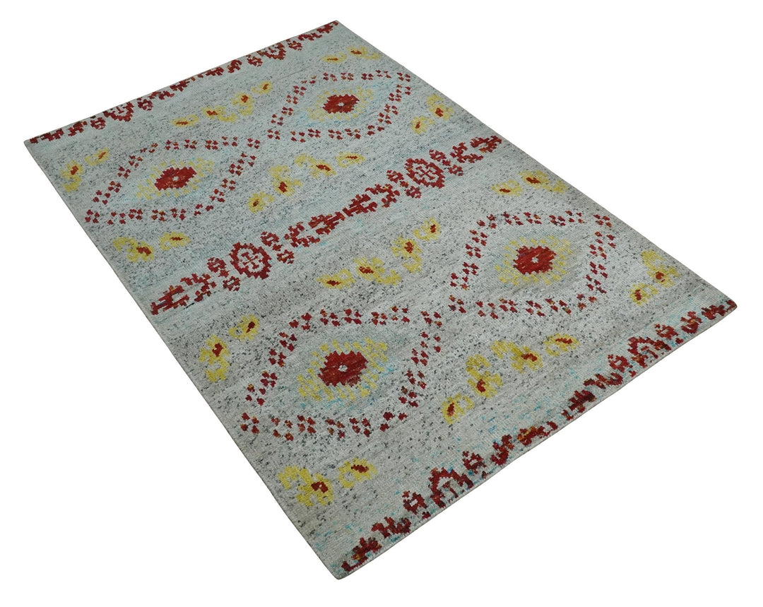 5x8 Hand Knotted Ivory, Red and Yellow Persian made of Recycled Silk Area Rug | OP95 - The Rug Decor