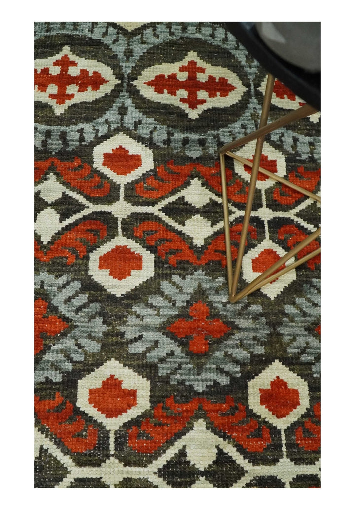 5x8 Hand Knotted Moss Green, Ivory and Rust Antique Persian Style Contemporary Recycled Silk Area Rug | OP83 - The Rug Decor