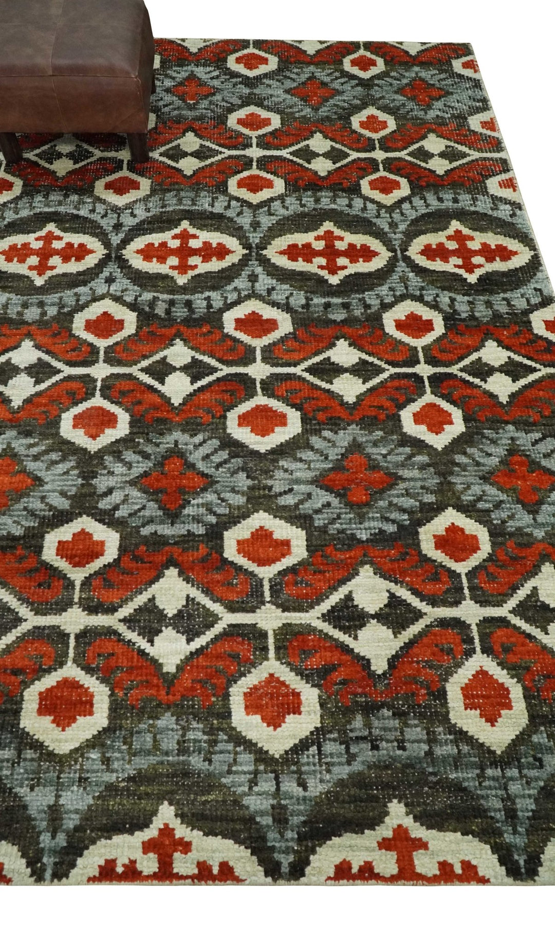 5x8 Hand Knotted Moss Green, Ivory and Rust Antique Persian Style Contemporary Recycled Silk Area Rug | OP83 - The Rug Decor