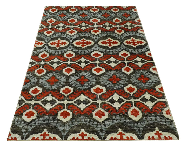 5x8 Hand Knotted Moss Green, Ivory and Rust Antique Persian Style Contemporary Recycled Silk Area Rug | OP83 - The Rug Decor