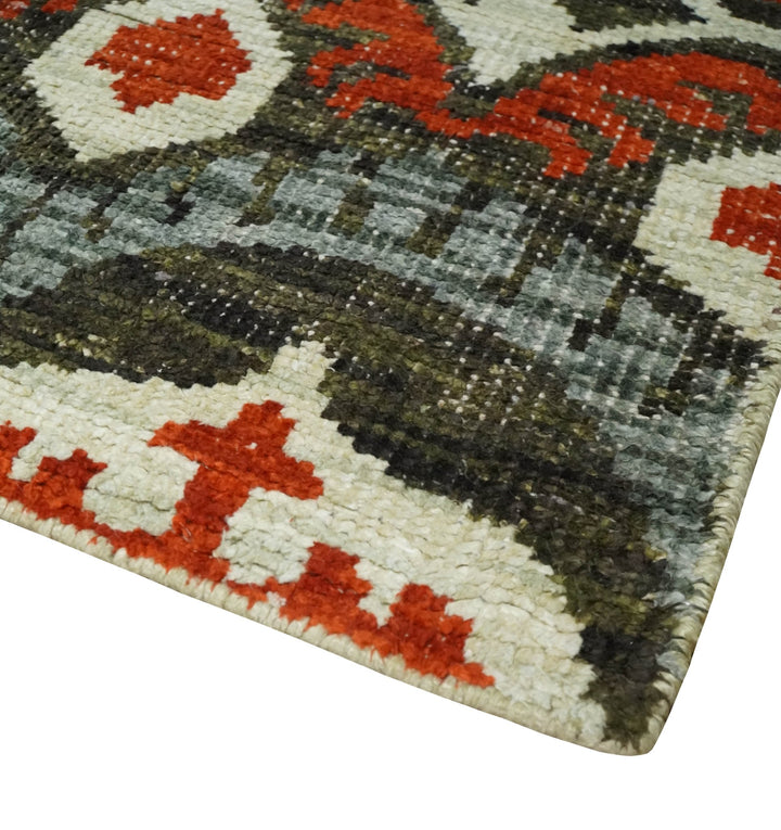 5x8 Hand Knotted Moss Green, Ivory and Rust Antique Persian Style Contemporary Recycled Silk Area Rug | OP83 - The Rug Decor