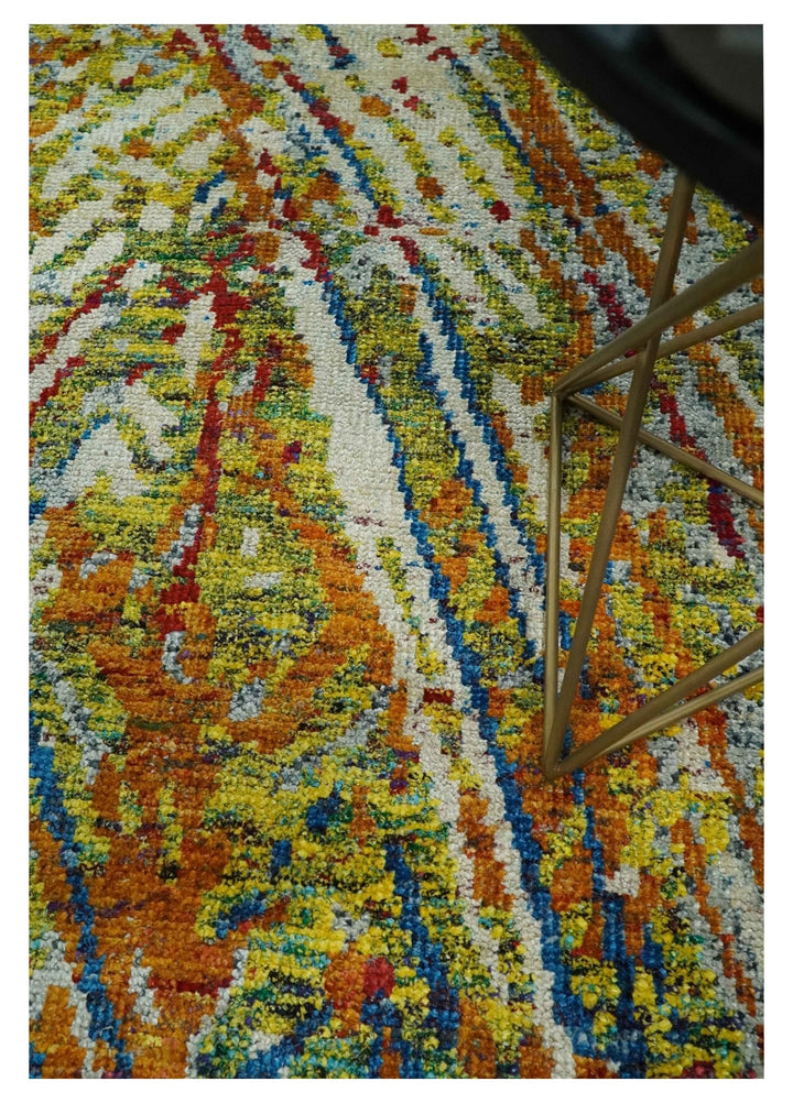 5x8 Hand Knotted Multicolor Modern Abstract Contemporary Recycled Silk Area Rug | OP111 - The Rug Decor