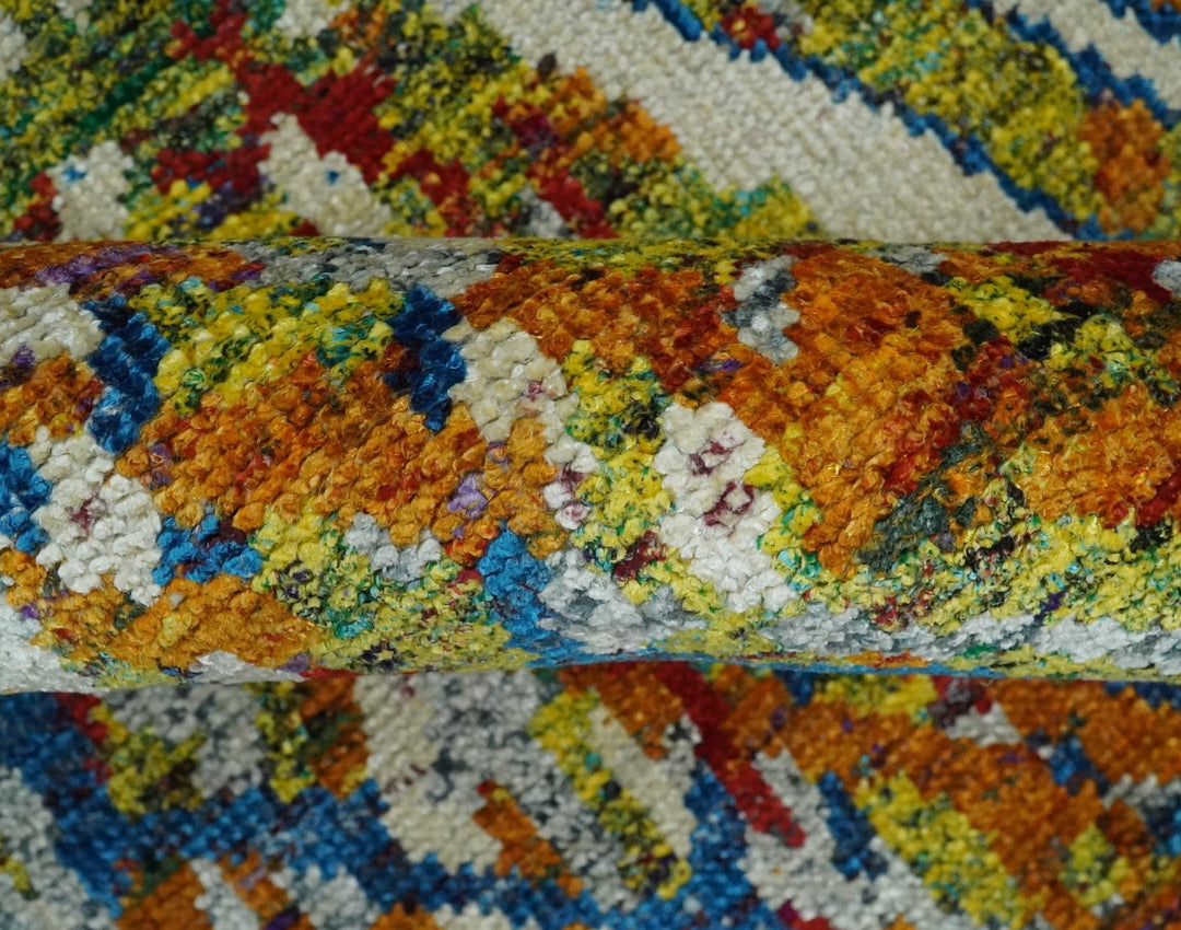 5x8 Hand Knotted Multicolor Modern Abstract Contemporary Recycled Silk Area Rug | OP111 - The Rug Decor