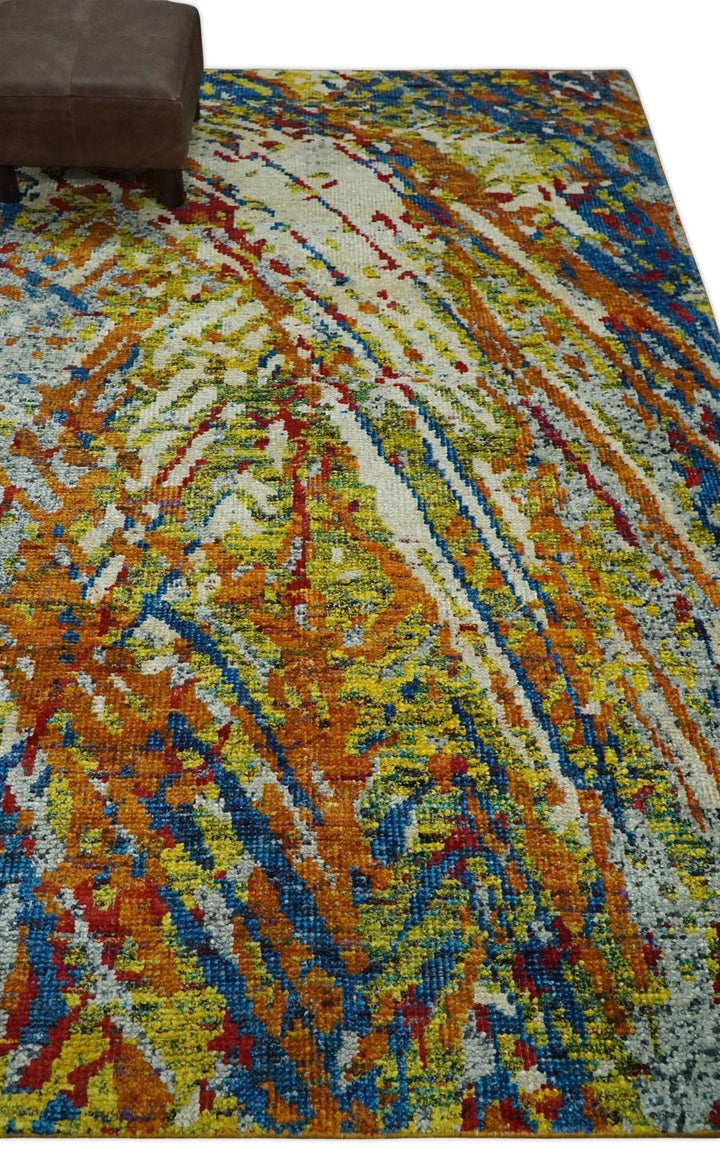 5x8 Hand Knotted Multicolor Modern Abstract Contemporary Recycled Silk Area Rug | OP111 - The Rug Decor