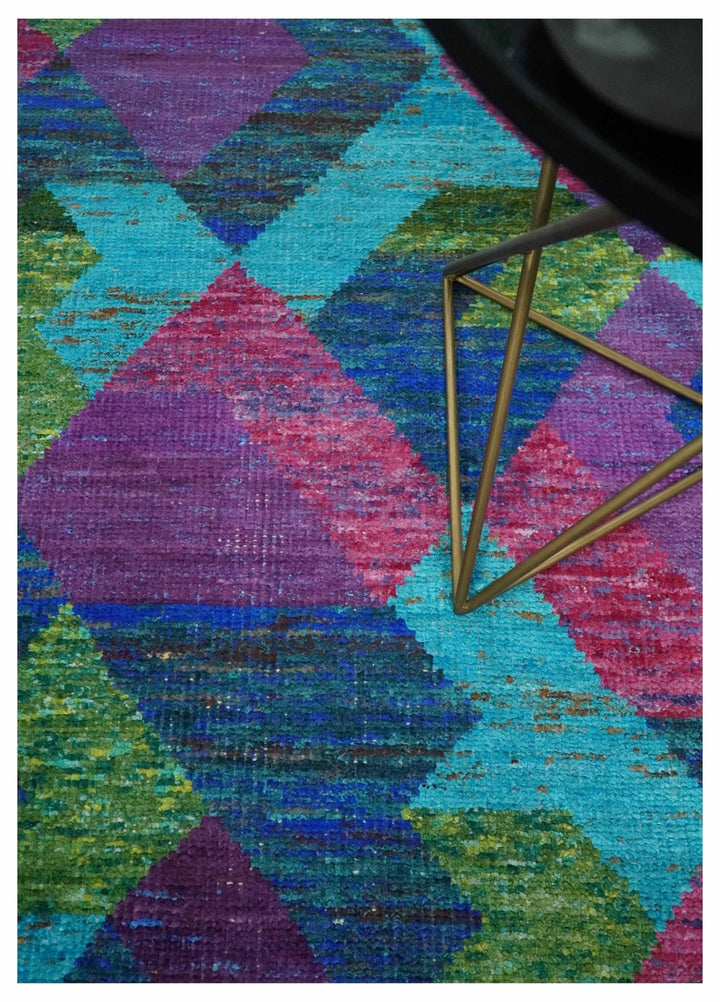 5x8 Hand Knotted Multicolor Modern Geometric Contemporary Recycled Silk Area Rug | OP78 - The Rug Decor