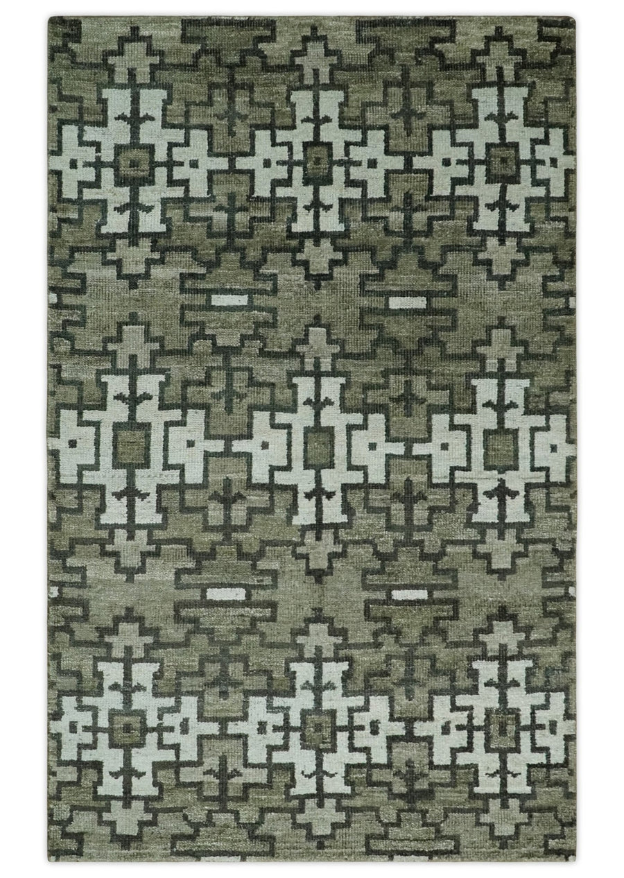 5x8 Hand Knotted Olive, Charcoal and White Modern Contemporary Southwestern Tribal Trellis Recycled Silk Area Rug | OP124 - The Rug Decor