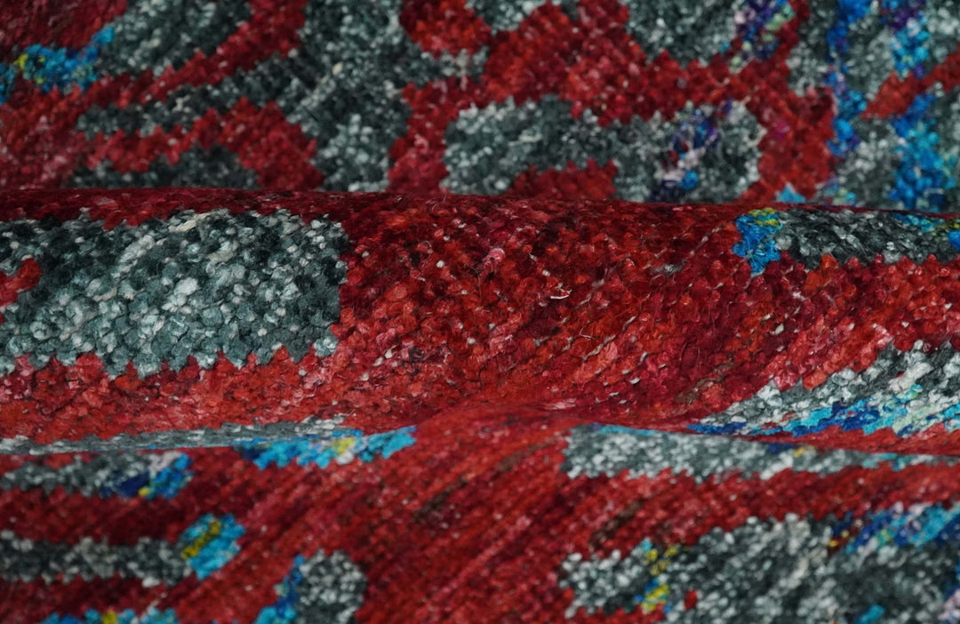 5x8 Hand Knotted Red, Gray and Blue Modern Abstract Contemporary Recycled Silk Area Rug | OP128 - The Rug Decor