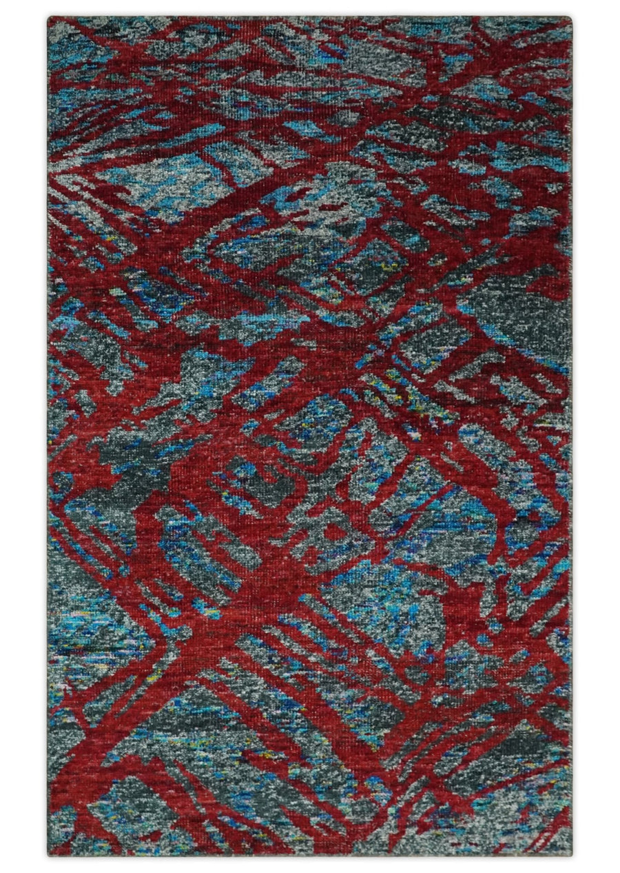 5x8 Hand Knotted Red, Gray and Blue Modern Abstract Contemporary Recycled Silk Area Rug | OP128 - The Rug Decor