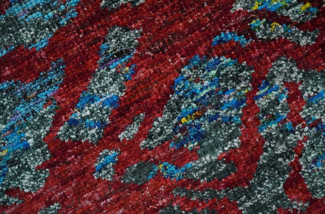 5x8 Hand Knotted Red, Gray and Blue Modern Abstract Contemporary Recycled Silk Area Rug | OP128 - The Rug Decor