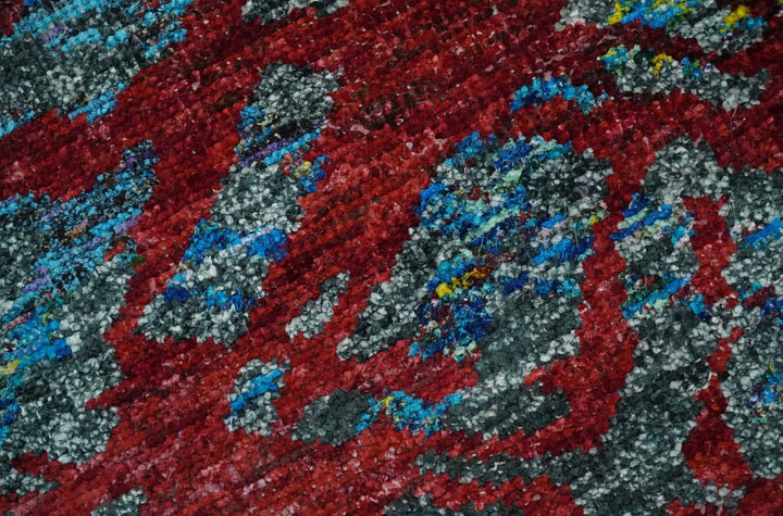 5x8 Hand Knotted Red, Gray and Blue Modern Abstract Contemporary Recycled Silk Area Rug | OP128 - The Rug Decor