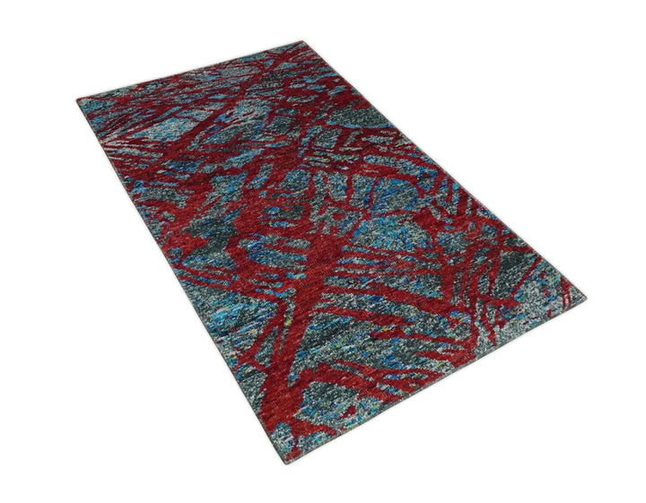 5x8 Hand Knotted Red, Gray and Blue Modern Abstract Contemporary Recycled Silk Area Rug | OP128 - The Rug Decor