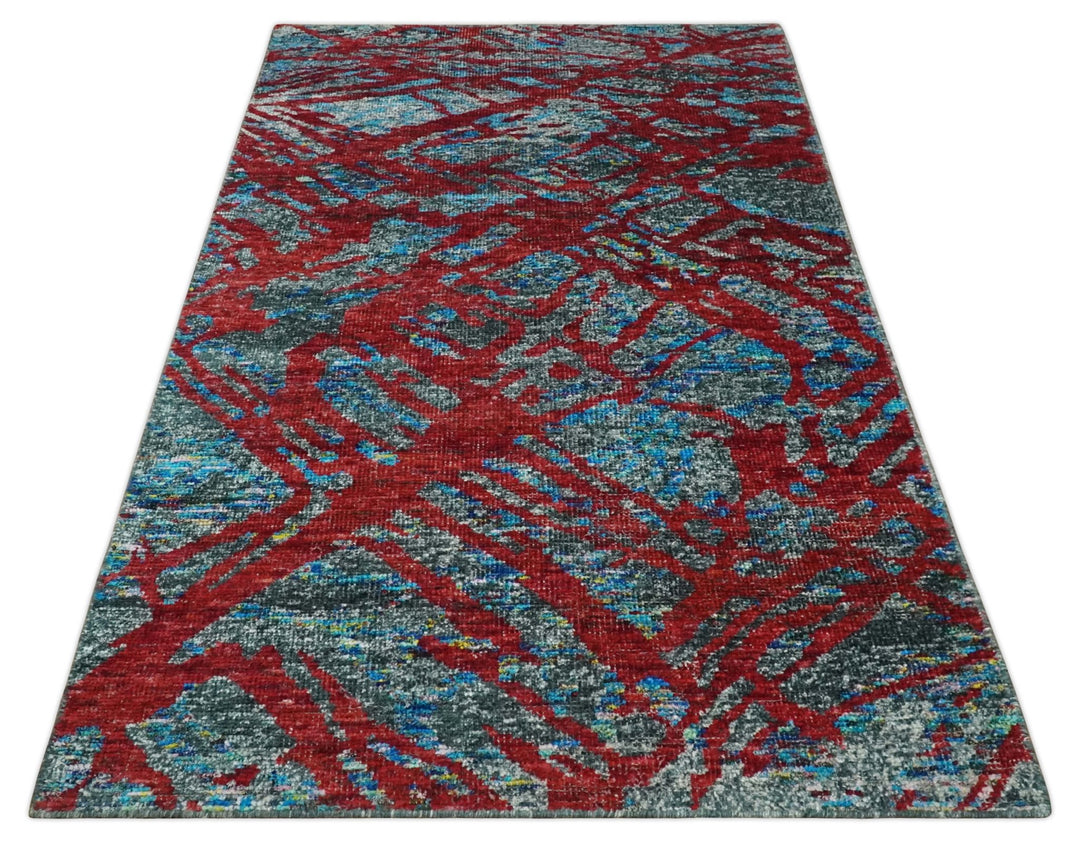 5x8 Hand Knotted Red, Gray and Blue Modern Abstract Contemporary Recycled Silk Area Rug | OP128 - The Rug Decor